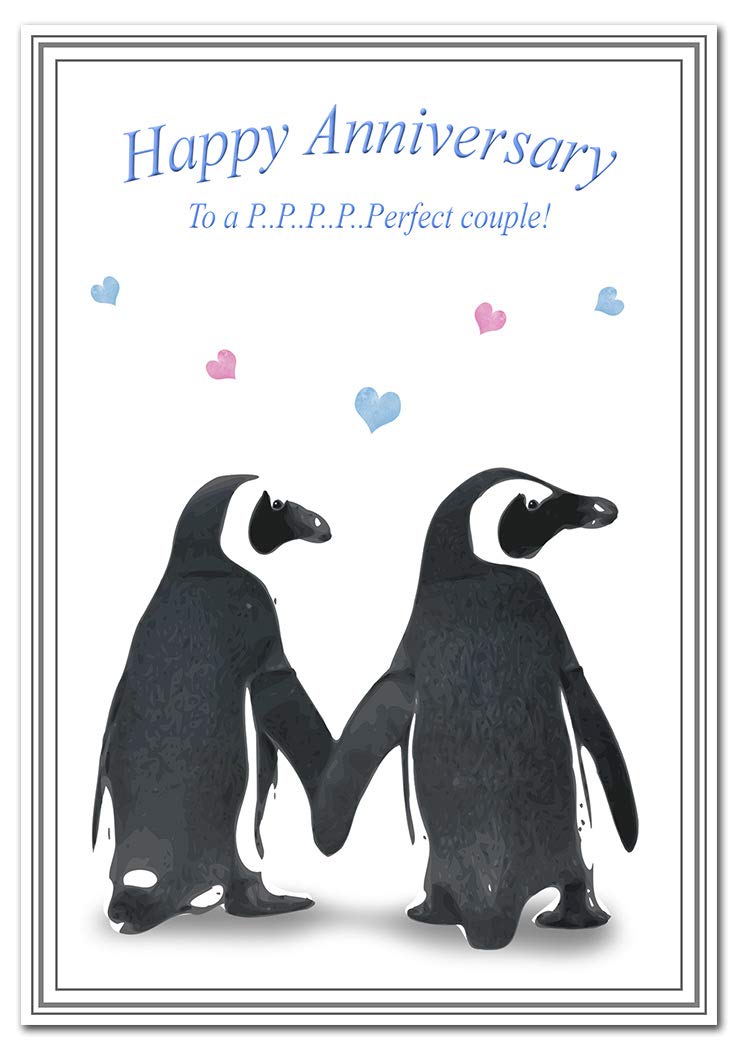 Special Anniversary Card - Wedding Anniversary Keepsake Greeting – Husband Wife Son Daughter - Happy Best Wishes - Blank Inside to Write own Message - Funny Cute Cool Penguin Couple - Made in UK
