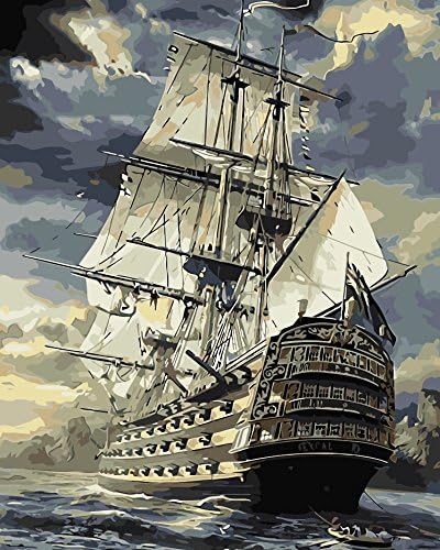 Landscape Oil Painting by Number Kits, DIY oil Paint by Number on Canvas Sea Boat (16x20inch, Unframe)