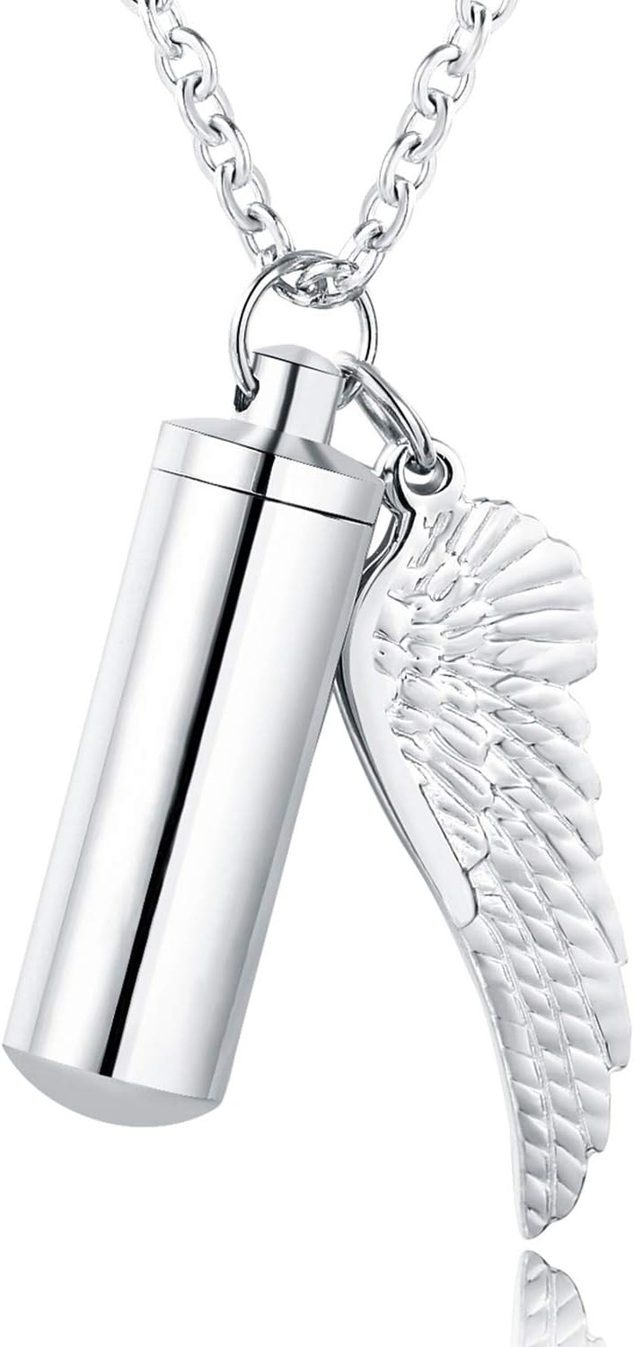 XIUDAUrn Necklace for Ashes with Angel Wing Cremation Jewelry for Ashes Cylinder Pendant Necklaces for Ashes