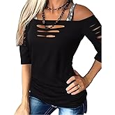Cut Out Cold Shoulder T-Shirt Women Lacerated Sleeve Shirt Hollow Out Square Collar Casual Blouse Summer Rock Tee Tops