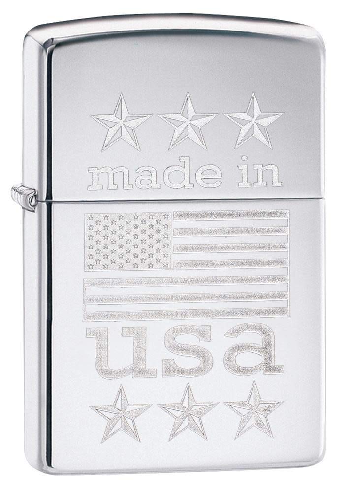 Zippo MADE IN THE USA WITH FLAG Windproof Lighter - High polished chrome, standard