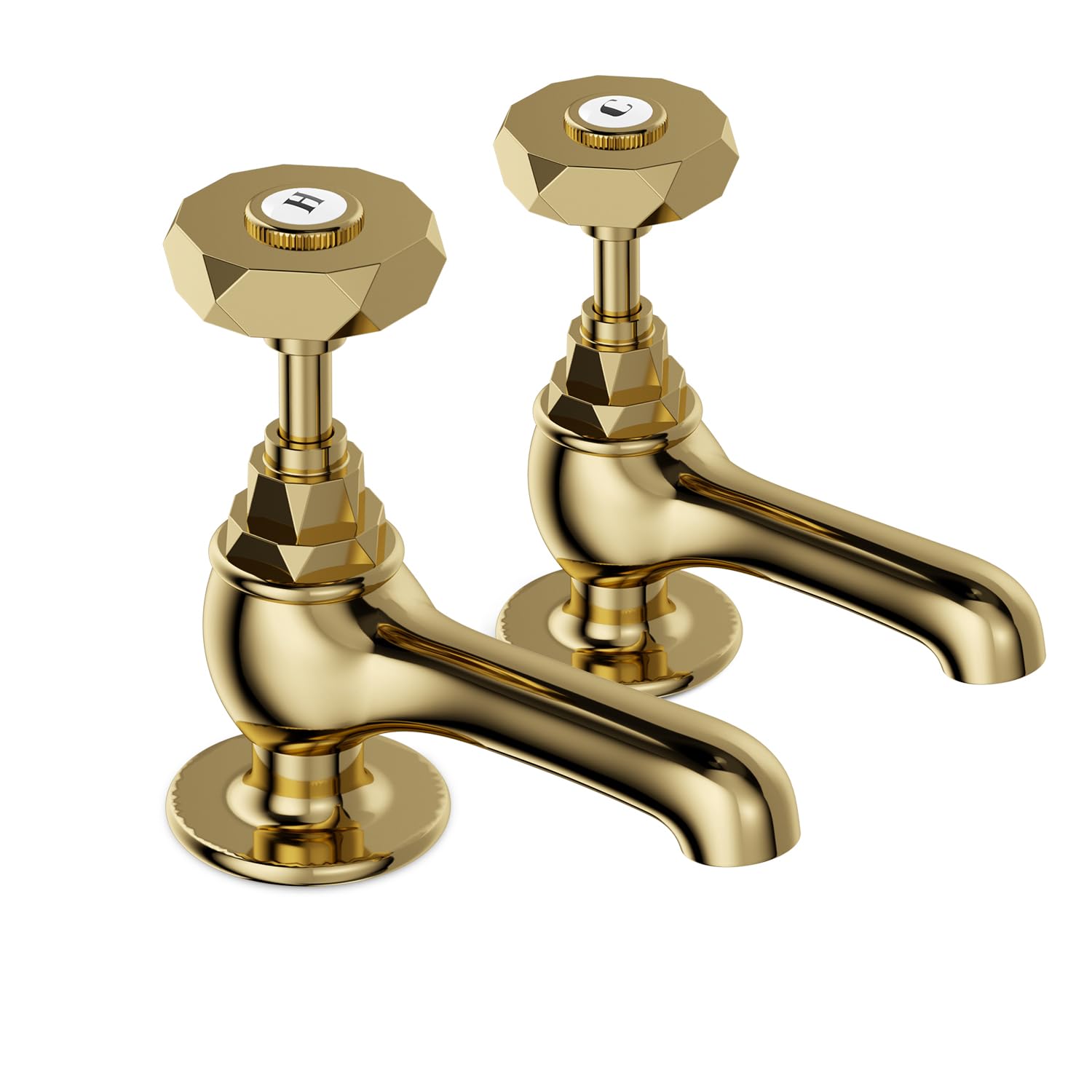 VANCOCO Traditional Gold Brass Basin Tap Pair 1/2", Victorian Style Hot and Cold Head Round Lever Bathroom Sink Taps, Polished Gold Brass Pillar Toilet Sink Wash Faucet Set of 2