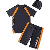 Boys Swimsuits UPF50+UV Swimwear Set Two Piece Rash Guard with Hat for Kids 4-14 Years