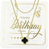 zofanvo Four Leaf Clover Necklace 18K Gold Plated Lucky Clover Necklace for Women Black Flower Lucky Pendant Dainty Jewelry Gifts Trendy Birthday Gifts for Women-Happy Brithday Card