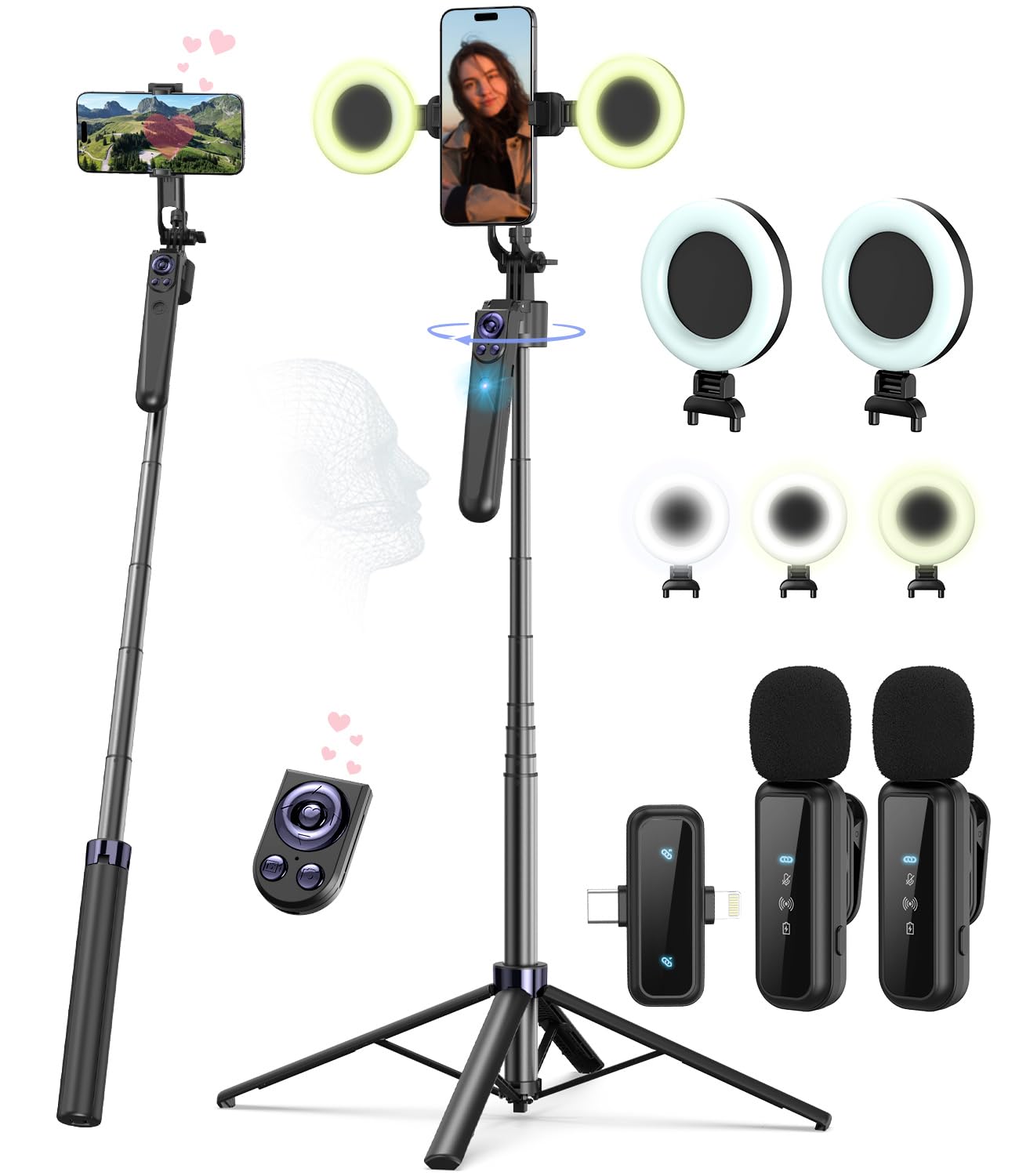 Photo 1 of ***FOR PARTS/ BROKEN & MISSING ASSEMBLY PIECES*** Vlogging Kit for iPhone/Android, 63”Auto Face Tracking Tripod for iPhone with Light, Wireless Microphones, Scrolling Remote Control for TikTok, Content Creator Kit for YouTube Starter