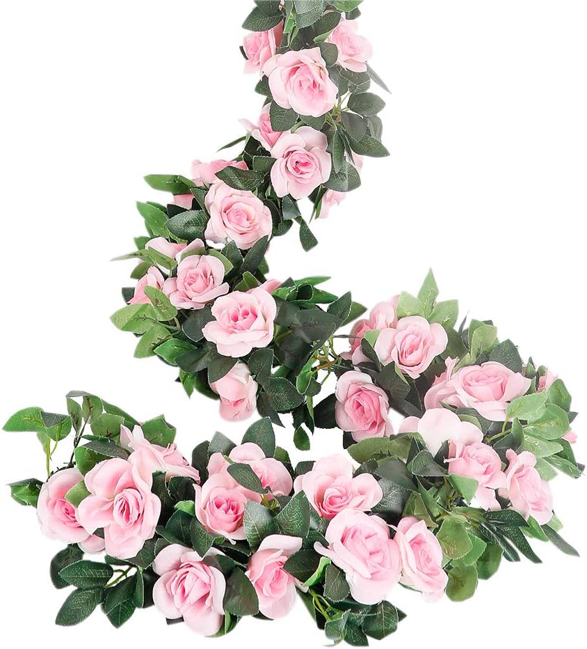 LESING Rose Garlands Artificial Rose Vines,4PCS(28.8FT) Fake Silk Flower Garlands with Greenery Plants Wedding Hanging Flower Vines Garlands for Home Office Arch Garden Decoration (Pink)