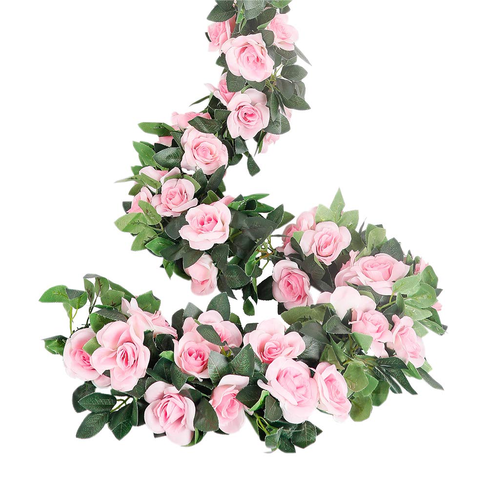 LESING Rose Garlands Artificial Rose Vines,4PCS(28.8FT) Fake Silk Flower Garlands with Greenery Plants Wedding Hanging Flower Vines Garlands for Home Office Arch Garden Decoration (Pink)