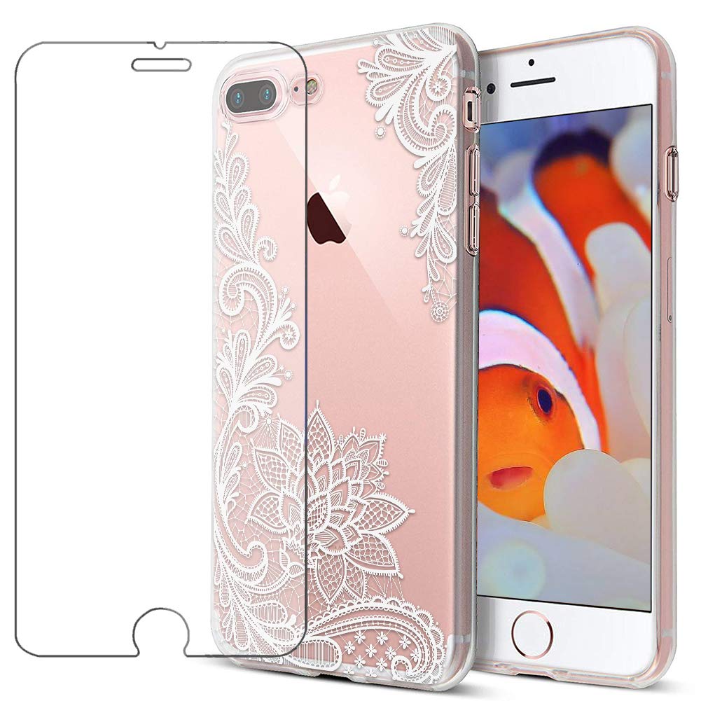 MadBee For iPhone 8 Plus/ 7 Plus Case + Screen Protector, Colorful Pattern Printed Design Clear Soft Flexible TPU Protective Cover Case for iPhone 8 Plus/iPhone 7 Plus 5.5" (White 5)
