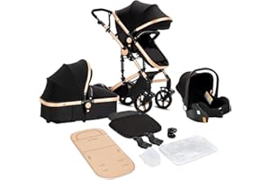 Sianldcone 3 in 1 Baby Stroller Travel System Combo Set, Reversible Convertible Infant Stroller with One-click Folding, Toddler Newborn Pram Carriage with Aluminum Frame (MG588-BLACKGOLD without Base)