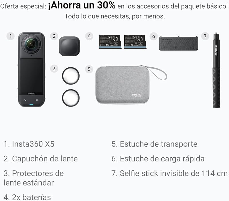 X5 Essential Pack - Câmara à prova de água 8K 360º, líder com pouca luz, efeito de bastão de selfie invisível, objetiva rígida e substituivel, bateria de 3 mãos, resistente ao vento incorporada, estabilização