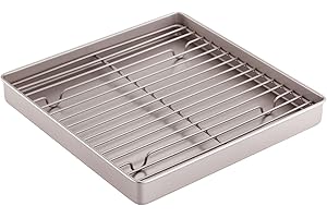 CHEFMADE Roasting Pan with Rack, 11-Inch Non-Stick Square Shallow Dish Sheet Pan with Wire Rack for Oven Baking, BBQ and Roasting 11.2" x 11.2" x 1.4" (Champagne Gold)