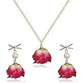 RLHRNDE Natural Rose Flower Necklace Earrings Set for Women Handcrafted Resin Casting Red Yellow Flower Necklace Unique Sparkle Rhinestone Bow Pearl Flower Dangle Drop Earrings Valentine's Day Jewelry Gifts