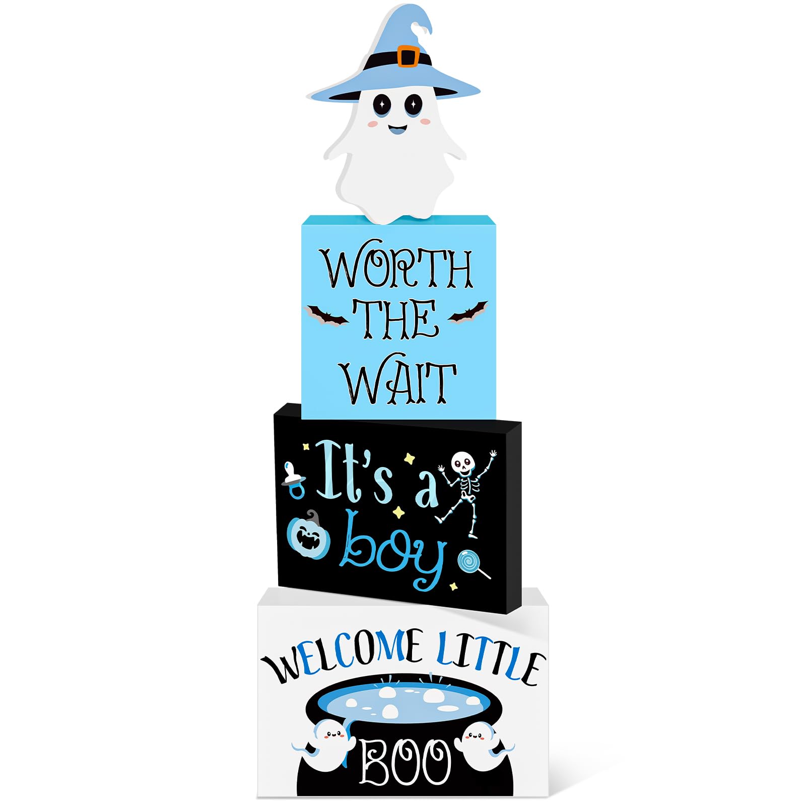 Photo 1 of Amyhill 4 Pcs Halloween Cute It's a Boy Baby Shower Table Decorations Welcome Little Boo Blue White Ghost Skeleton Theme Table Display Sign Centerpiece Photo Props Party Decor