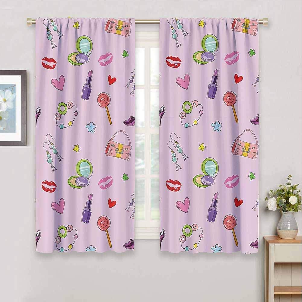 DIMICA Room Darkened Curtain Teen Girls Decor Cute Girlish Illustration with Fashion Acessories and Makeup Lollipop Flower Print for Window Curtains Valances W72 x L72 Inch