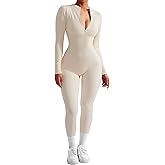 SUUKSESS Women Long Sleeve Ribbed Jumpsuit Zip up Front Workout Bodycon Romper