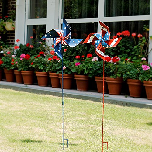 YK Decor 2pcs Patriotic Stars and Stripes American Flag Pin Wheels Wind Spinners 4th of July Yard Garden Decor