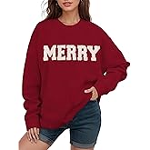Gihuo Christmas Sweatshirts for Women Glitter Patch Merry Letter Shirts Chenille Oversized Pullover Tops