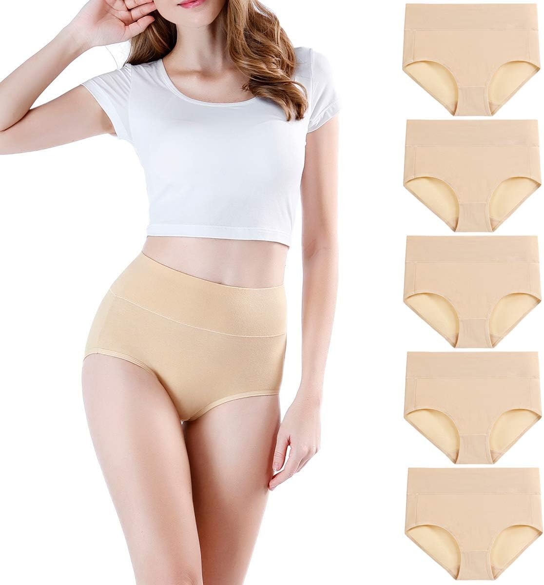 wirarpa Women's Underwear High Waisted Ladies Cotton Panties Soft Full Coverage Briefs 5 Pack (Regular & Plus Size)