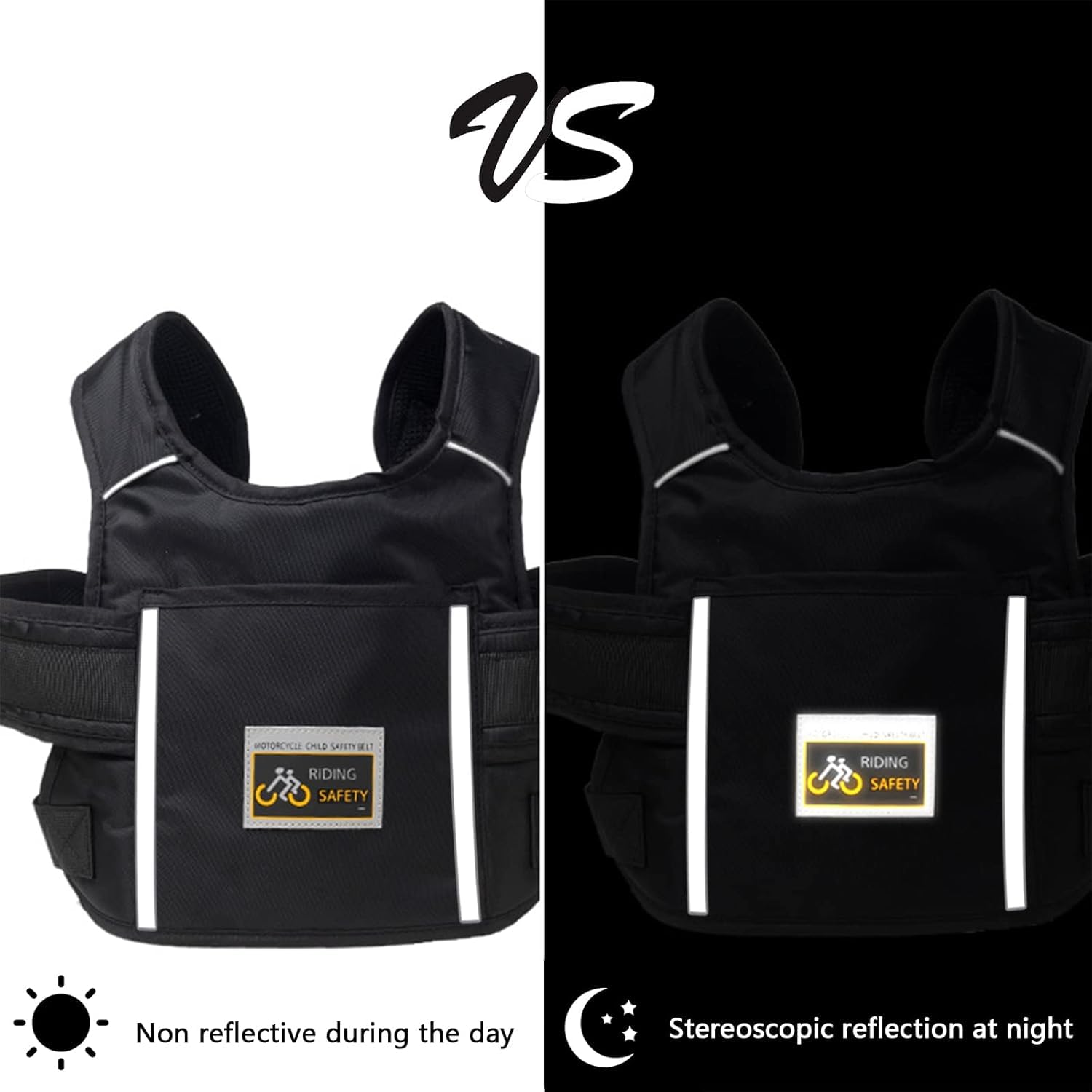 Child Motorcycle Safety Harness Reflective Strip, Reflective Child Motorcycle Harness Adjustable, Safety Harness For Kids & Toddlers Aged 3-12 Years - Black