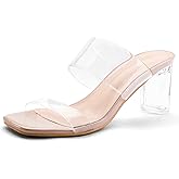 mysoft Clear Heels for Women Transparent Two Strap Block Chunky Square Heel Sandals Open Toe Slip On Sandals