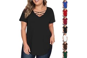 IEPOFG Womens Plus Size Tops Casual 2024 Summer Short Sleeve Criss Cross Neck Tshirt Lounge Loose Fit Lightweight Beach Tees
