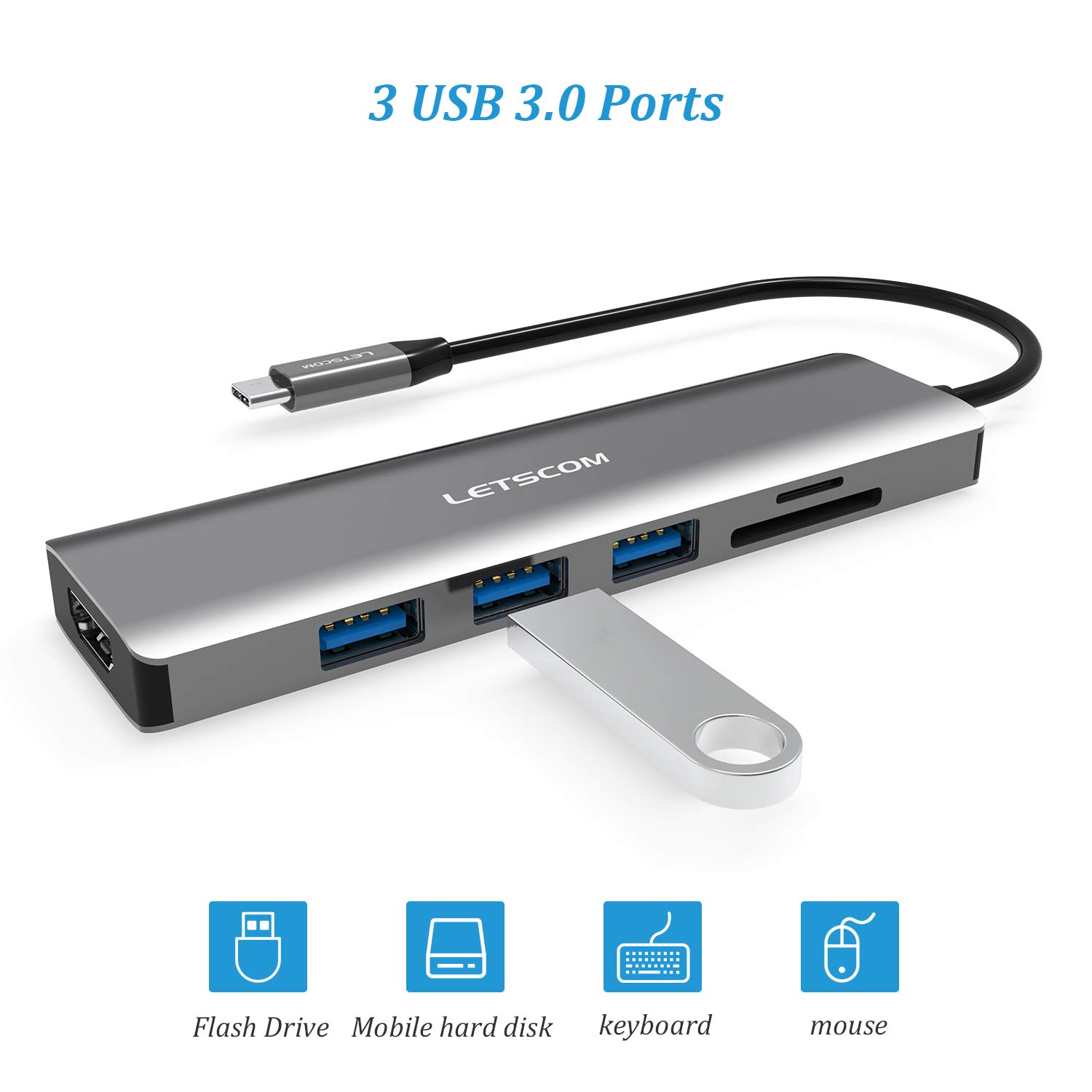 LETSCOM USB C Hub, 6 in 1 USB C Adapter with 4K HDMI, 3 USB 3.0 Ports, SD/TF Card Reader Compatible for USB C Devices