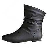 Women's Slouchy Leather Ankle Boots,Low Heel Booties Outdoor Comfy Casual Waterproof Classic Winter Riding Boots Vintage Round Toe Slip On Mid Calf Fashion Comfortable Walking Shoes