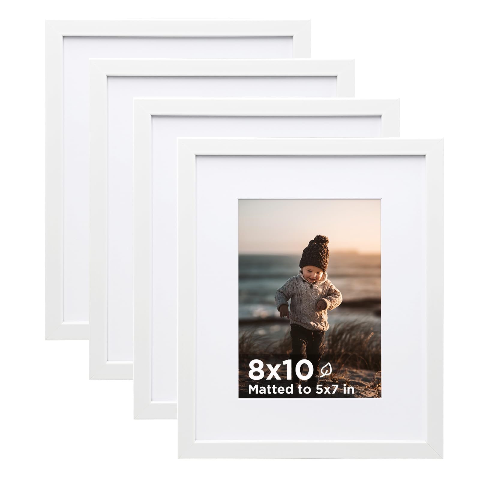 Photo 1 of KINLINK 8x10 Picture Frame White Set of 4, Wooden Photo Frames Matted 5x7 with Plexiglass for 5x7 with Mat or 8x10 without Mat for Table and Wall Display