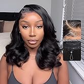 Tinashe Human Hair Wig Glueless Wigs Human Hair Pre Plucked Pre Cut Bob Wear And Go Loose Body Wave Layered Cut 6x5 HD Lace Front Wigs for Black Women Side Part Curtain Bangs Natural Black Wigs 18inch