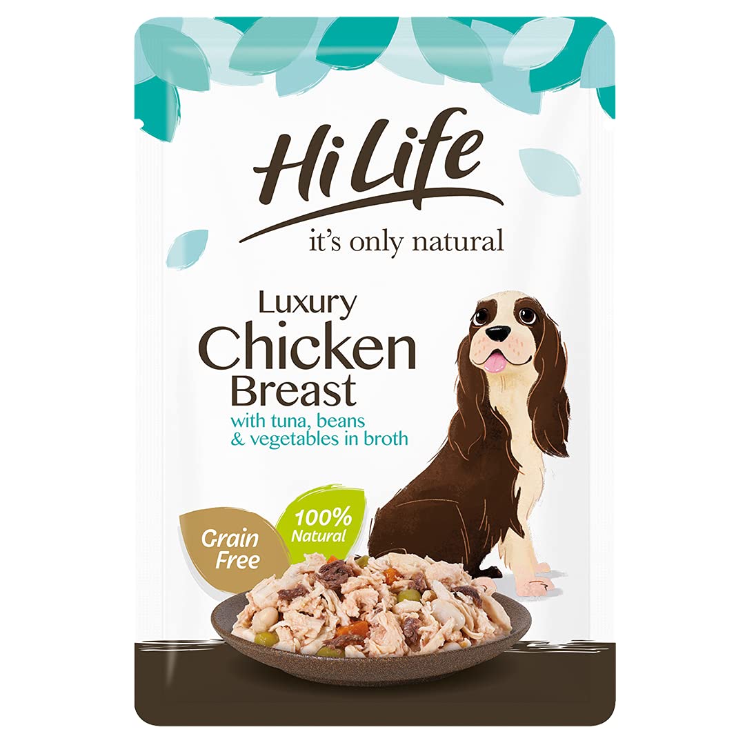 HILIFE it's only natural - Wet Dog Food - Luxury Chicken Breast, Tuna, Beans, Vegetables in Broth - 100% Natural Grain Free, 15 Pouches x 100g