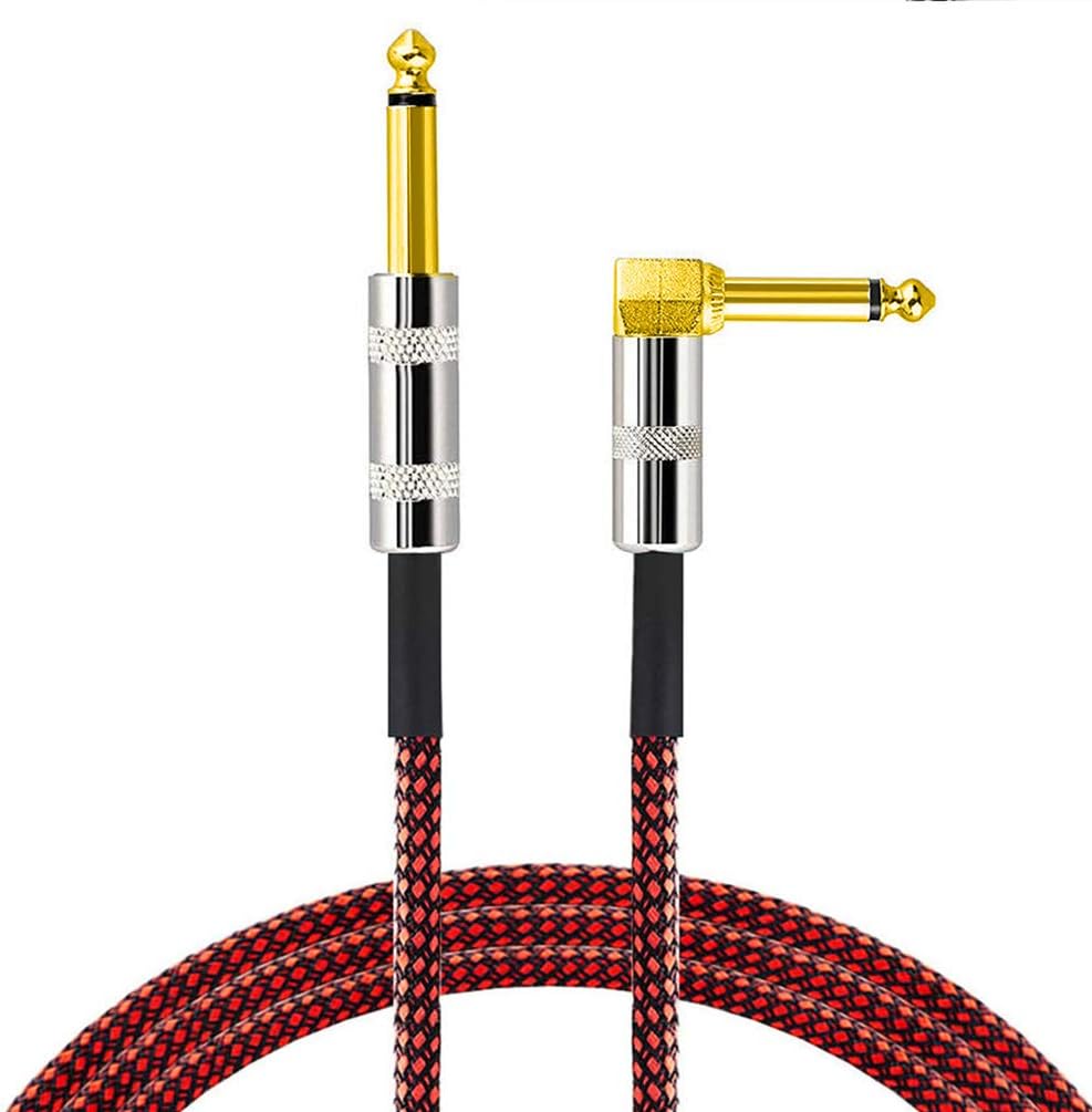 LoongGate Premium Nylon Braided Guitar Cable,1/4 Inch(6.35mm) Gold Plated TS plug Super Noiseless Bass/Electric/Keyboard Instrument Cable 3M/9.8ft (Black/Red)