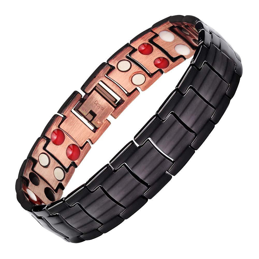 JFUME Men Copper Magnetic Bracelet Two Tone Double Row Magnets with Link Remove Tool 8.5" Adjustable, Black with Red