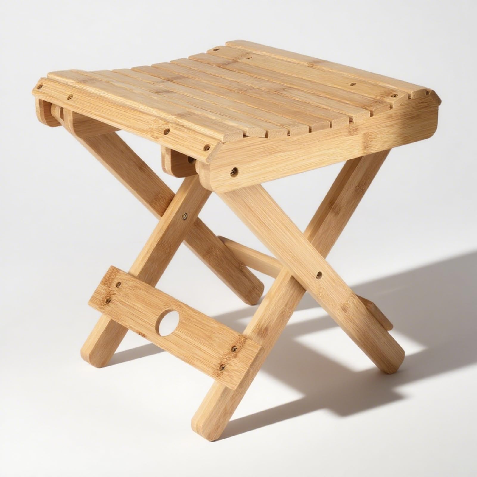 Natudeco Folding Stool, Wooden Shower Stool Shower Bench Portable Outdoor Stool Fishing Square Chair Rustic Folding Stool for Fishing Park Outing Garden