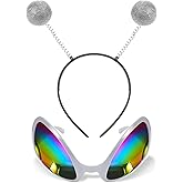 Dolkoic 2Pcs Alien Headband and Glasses,Alien Martian Antenna Headband Set Costume Halloween Party Favors Accessory for Adults Silver