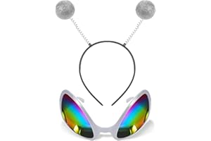 Domkier Silver Alien Headband Alien Glasses Set Boppers Antenna Headband Rainbow Lens Sunglasses for Alien Theme Halloween Cosplay Party Supplies