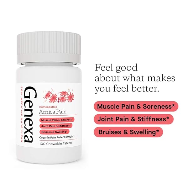 GENEXA ARNICA TABLETS FOR PAIN RELIEF FORMULA | ALLEVIATE MUSCLE & JOINT PAIN, SORENESS, & STIFFNESS | DELICIOUS ORGANIC GRAPE FLAVOR | HOMEOPATHIC REMEDY MADE CLEAN | 100 CHEWABLE TABLETS