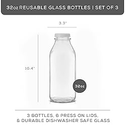 JoyJolt Glass Milk Bottles with Lids and Pourer