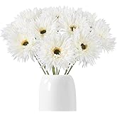 Fqueelvys 12pcs Gerbera Daisy Artificial Flowers 17.7’’ White Faux Daisies Silk Flowers with Stems for Wedding Bouquet Home Party Garden Outdoor Decoration(White)