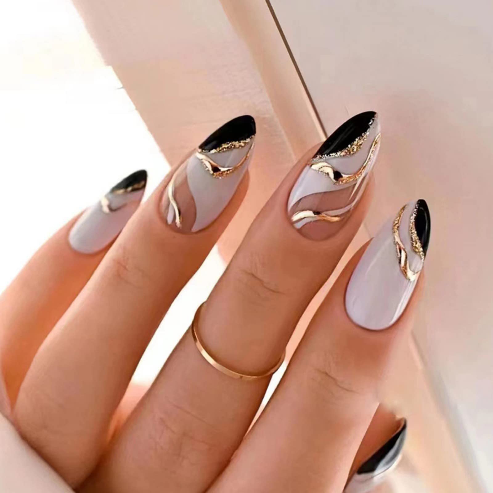 JUSTOTRY 24 Pcs Gold Stripes Almond Short False Nails,Black French Press on Nails Pattern, Glossy Fake Nails Short,Oval Medium Stick on Nail for Women and Teens Nail Art