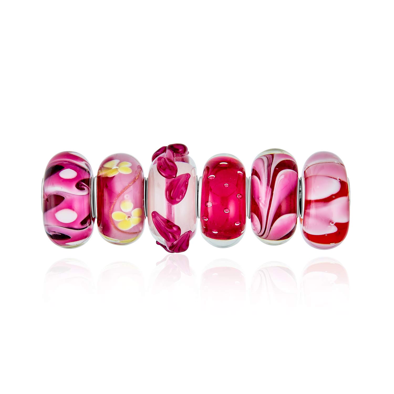 Mixed Set of Bundle .925 Sterling Silver Core Translucent Shades of Red Pink Floral Murano Glass Swirl Charm Bead Spacer Fits European Bracelet for Women Teen