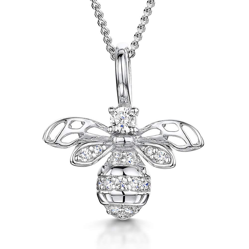 JOOLS by Jenny Brown - Sterling Silver Bee Pendant Necklace - Set With White Cubic Zirconia Stones - Rhodium Finished, Tarnish Free