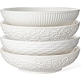 Artena Pasta Bowls 32oz, Ceramic Large Salad Bowls 8 inch, White Embossed Soup Bowl Set of 4 for Entertaining, Serving, Dinner, Wide Shallow Microwave Dishwasher Oven Safe (Mixed Pattern)