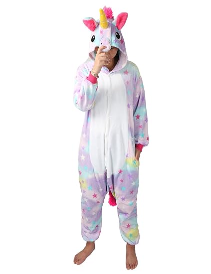 Mescara Einhorn Kostüm Pyjama Jumpsuit Cosplay Schalfanzug Festliche Anzug Flanell Tierkostüm Kartonkostüm Tierschalfanzug (XS/EU32, Sterne)