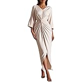 winkbay Women's Twist Front 3/4 Sleeve Dress Elegant V Neck High Low Bodycon Maxi Cocktail Evening Dresses