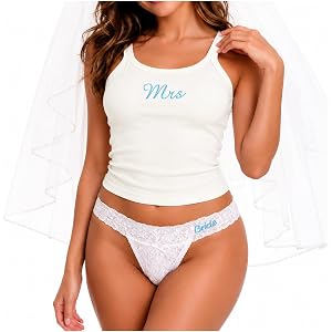 DLSIXNCO Bridal Lingerie Set, Mrs Tank and Bride White Lace Thong | Ribbed Mrs tank with floral white lace thong for wedding