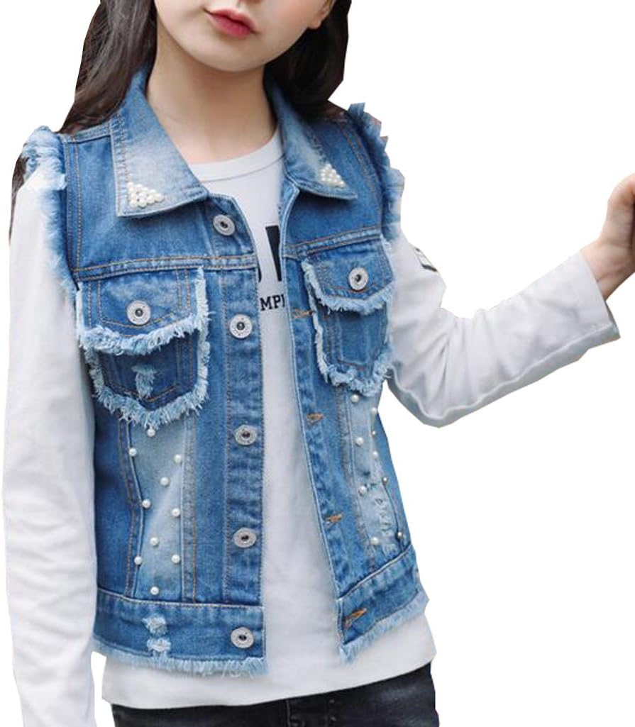 MYtodo Girls Denim Vest Pearl Burr Childs Short Vest Jacket