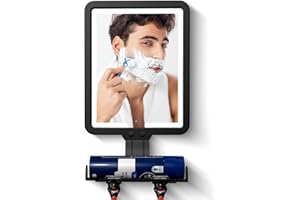 JJHXR Shower Mirror Fogless for Shaving, Heated Shower Mirror with 3 Color Lights Dimming 9.5*8inch Shower Shaving Mirror, Lighted Shower Mirror Large Antifog Shaving Mirror with Storage Tray & Razor Holder