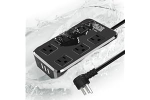 QIYUAN IPX6 Outdoor Power Strip Weatherproof, Waterproof Surge Protector with 6 Wide Outlet with 3 USB Ports, 6FT Long Extension Cord, Wall Mountable for Outside Decorations and More UL Listed(Black)
