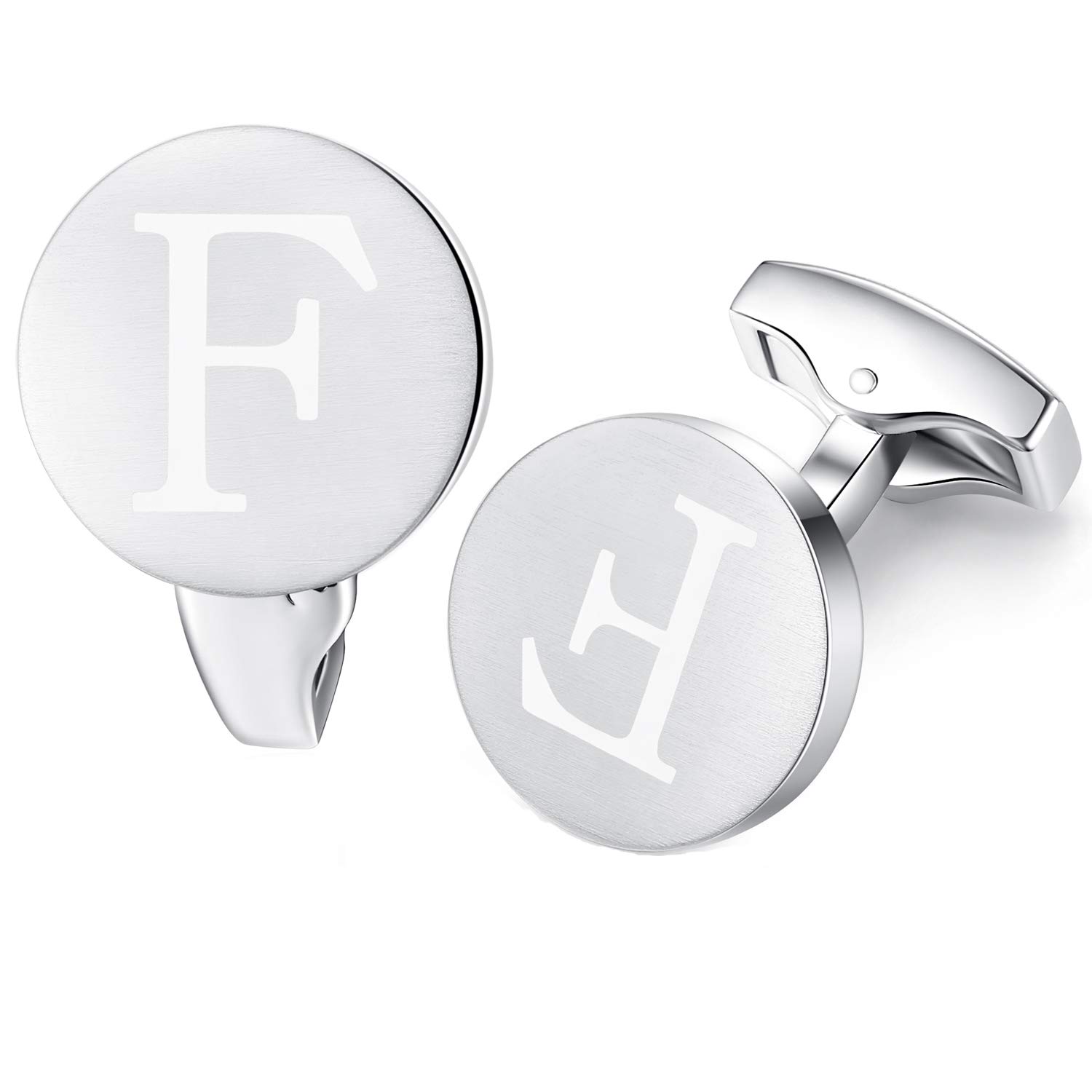 HONEY BEAR Initial Alphabet Letter Cufflinks for Men, Brushed Silver Round Shape Wedding Business Cufflinks, A - Z (F)