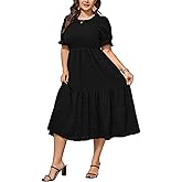 SCOMCHIC Womens Plus Size Summer Dresses 2025 Casual Puff Short Sleeve Crewneck Smocked Flowy Ruffle Boho Party Maxi Dress